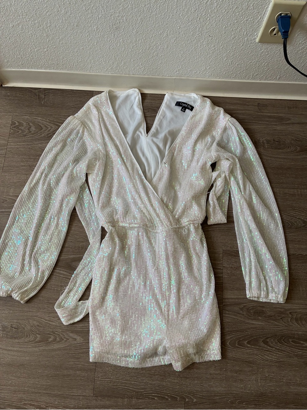 Crystal Sky White Long-Sleeve Wrap Romper Dress